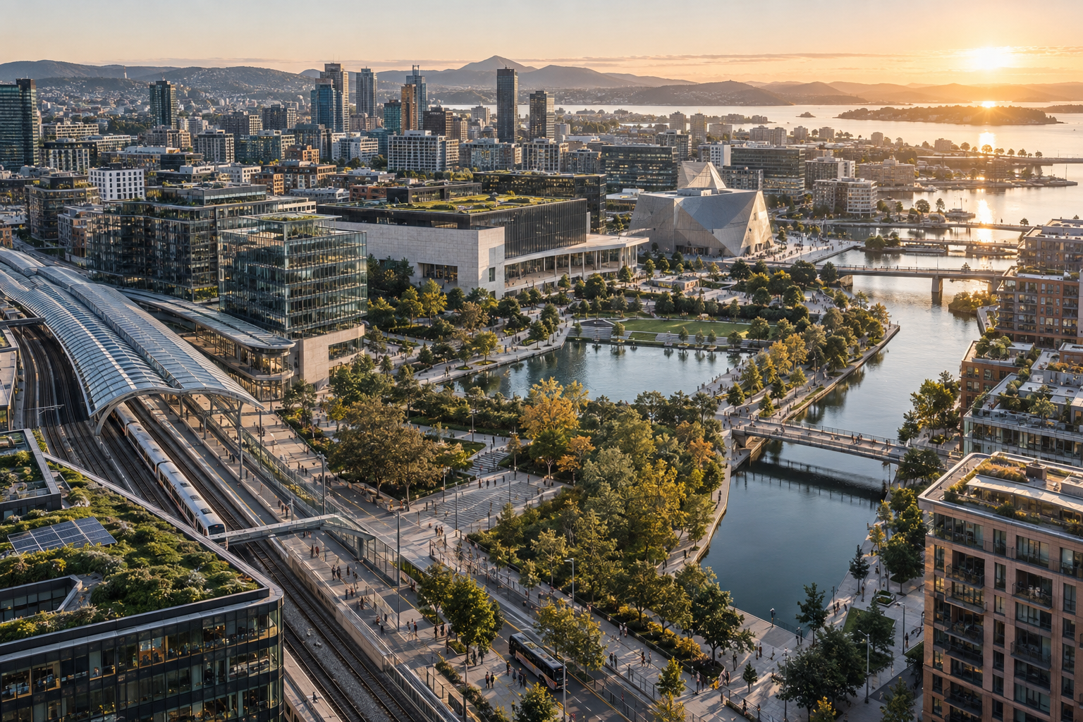 Integrated urban district with transit, civic space, water and green infrastructure